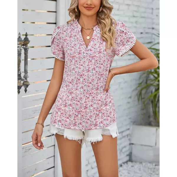 imagechouyatou Womens Cute Petal Sleeve Floral Print Boho Peasant Chiffon Blouse Shirt TopsPink