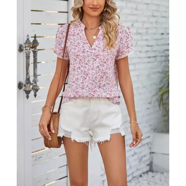imagechouyatou Womens Cute Petal Sleeve Floral Print Boho Peasant Chiffon Blouse Shirt TopsPink