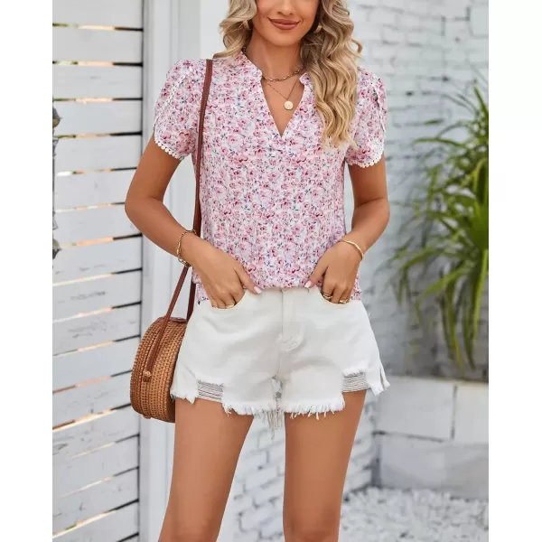 imagechouyatou Womens Cute Petal Sleeve Floral Print Boho Peasant Chiffon Blouse Shirt TopsPink