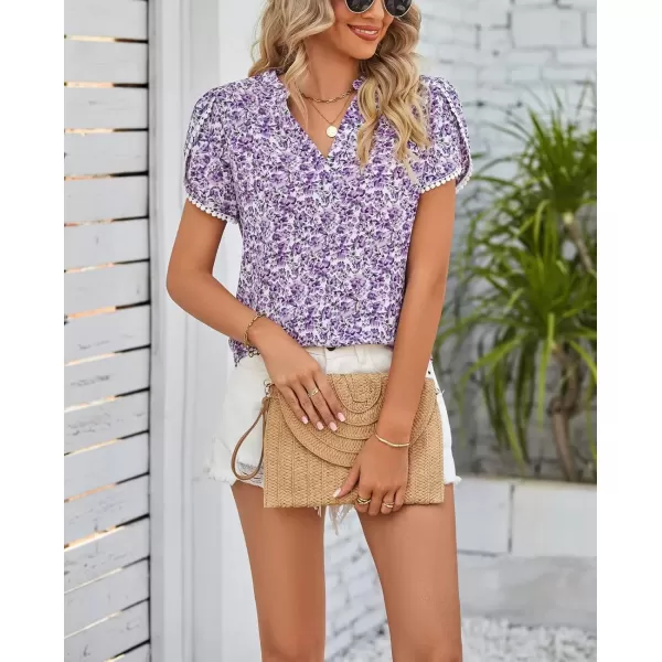 imagechouyatou Womens Cute Petal Sleeve Floral Print Boho Peasant Chiffon Blouse Shirt TopsPurple