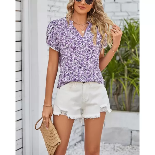 imagechouyatou Womens Cute Petal Sleeve Floral Print Boho Peasant Chiffon Blouse Shirt TopsPurple