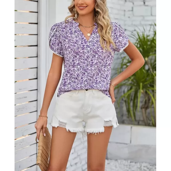 imagechouyatou Womens Cute Petal Sleeve Floral Print Boho Peasant Chiffon Blouse Shirt TopsPurple
