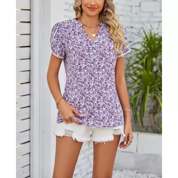imagechouyatou Womens Cute Petal Sleeve Floral Print Boho Peasant Chiffon Blouse Shirt TopsPurple