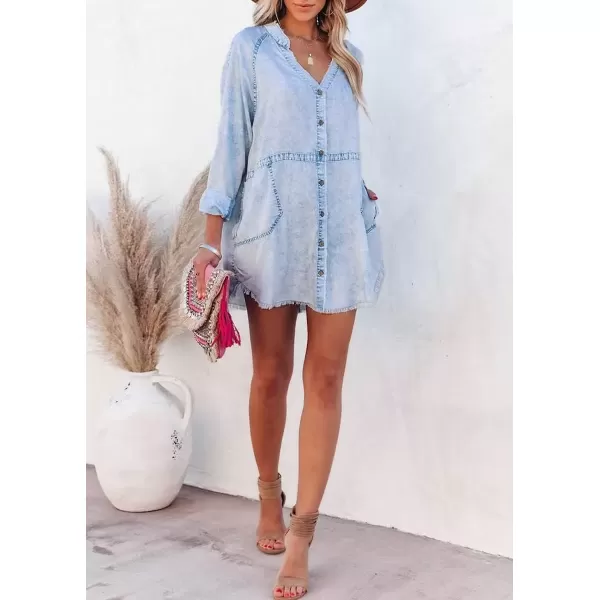 imagechouyatou Womens Distressed V Neck Denim Shirt Spring Summer Button Down Cowgirl Jean Shirt Top BlouseBlue