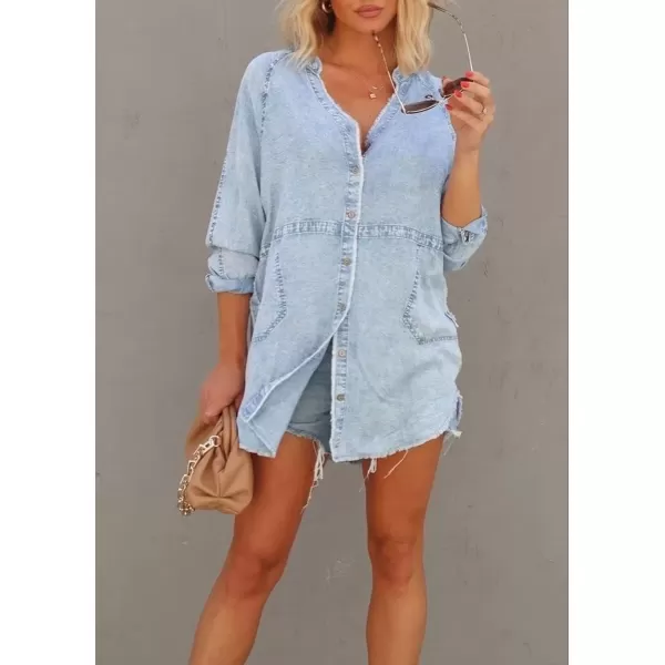 imagechouyatou Womens Distressed V Neck Denim Shirt Spring Summer Button Down Cowgirl Jean Shirt Top BlouseBlue