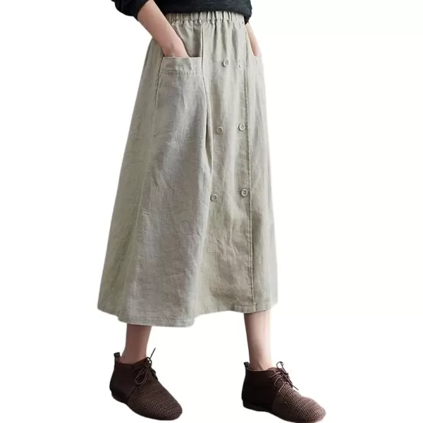 imagechouyatou Womens Elastic Waist Front Button Back Slit ALine Midi Long Swing Skirt with PocketsApricot
