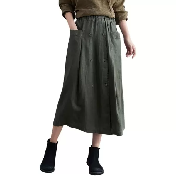 imagechouyatou Womens Elastic Waist Front Button Back Slit ALine Midi Long Swing Skirt with PocketsArmy Green