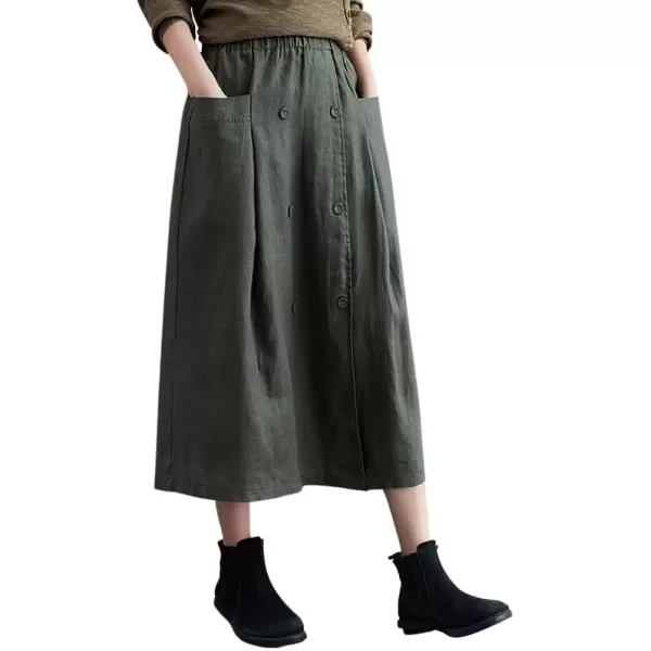 imagechouyatou Womens Elastic Waist Front Button Back Slit ALine Midi Long Swing Skirt with PocketsArmy Green