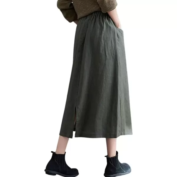 imagechouyatou Womens Elastic Waist Front Button Back Slit ALine Midi Long Swing Skirt with PocketsArmy Green
