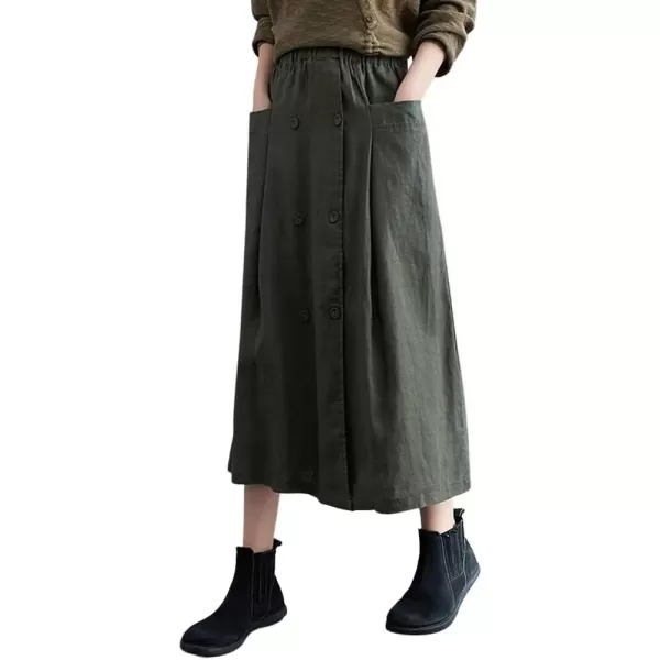 imagechouyatou Womens Elastic Waist Front Button Back Slit ALine Midi Long Swing Skirt with PocketsArmy Green
