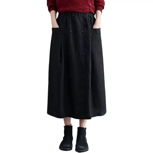 imagechouyatou Womens Elastic Waist Front Button Back Slit ALine Midi Long Swing Skirt with PocketsBlack