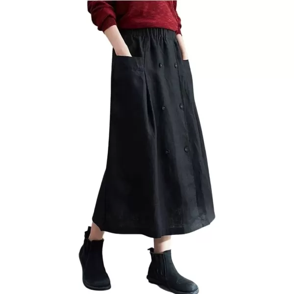 imagechouyatou Womens Elastic Waist Front Button Back Slit ALine Midi Long Swing Skirt with PocketsBlack