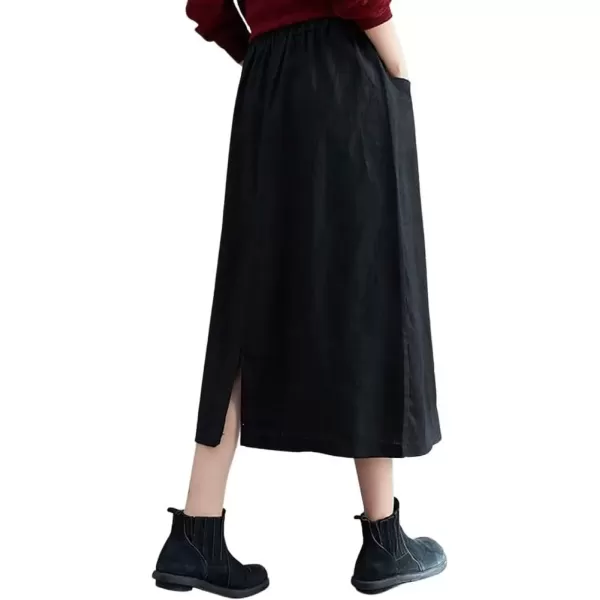 imagechouyatou Womens Elastic Waist Front Button Back Slit ALine Midi Long Swing Skirt with PocketsBlack