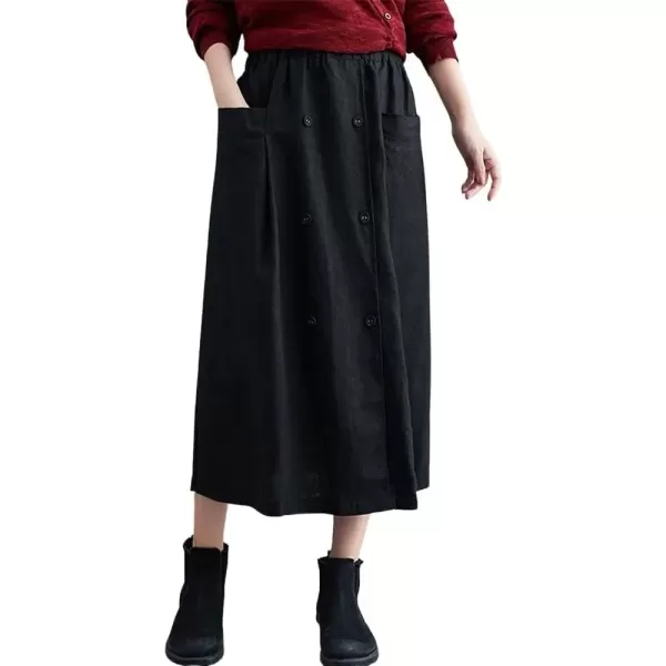 imagechouyatou Womens Elastic Waist Front Button Back Slit ALine Midi Long Swing Skirt with PocketsBlack