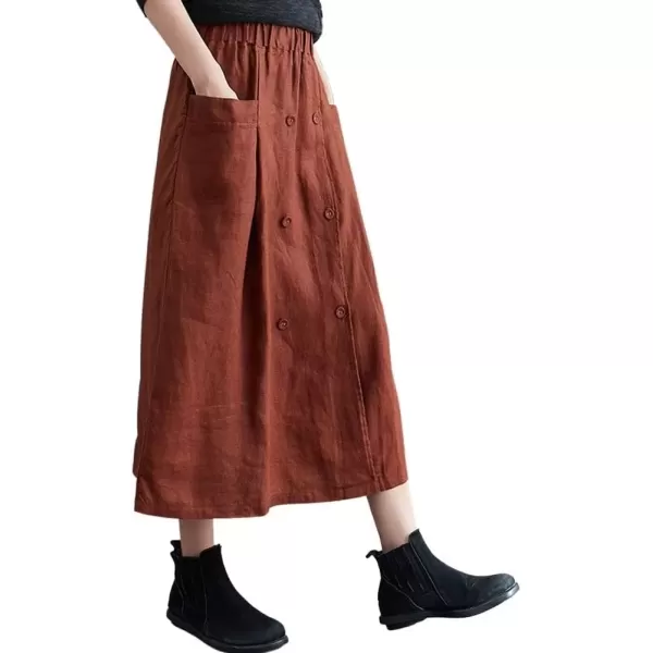 imagechouyatou Womens Elastic Waist Front Button Back Slit ALine Midi Long Swing Skirt with PocketsCaramel