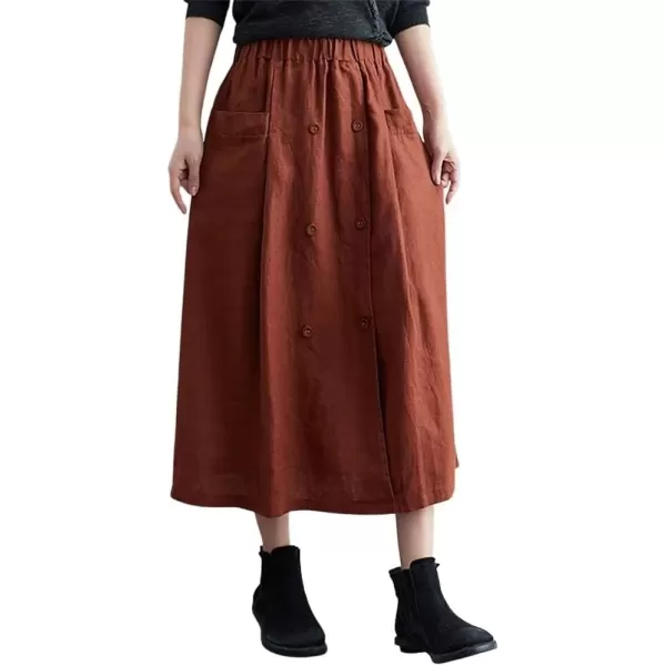 imagechouyatou Womens Elastic Waist Front Button Back Slit ALine Midi Long Swing Skirt with PocketsCaramel