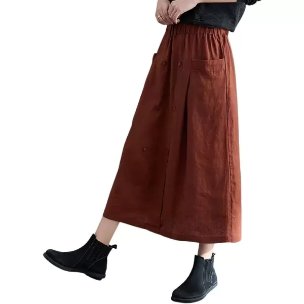 imagechouyatou Womens Elastic Waist Front Button Back Slit ALine Midi Long Swing Skirt with PocketsCaramel