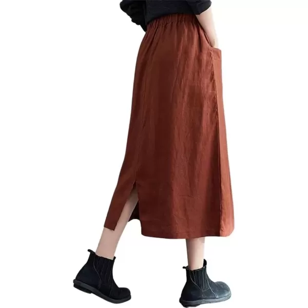 imagechouyatou Womens Elastic Waist Front Button Back Slit ALine Midi Long Swing Skirt with PocketsCaramel