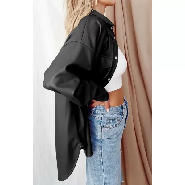 imagechouyatou Womens Fall Button Front Faux Leather Shirt Shacket 2021 Casual Loose Fit Long Sleeve Blouse TopsBlack