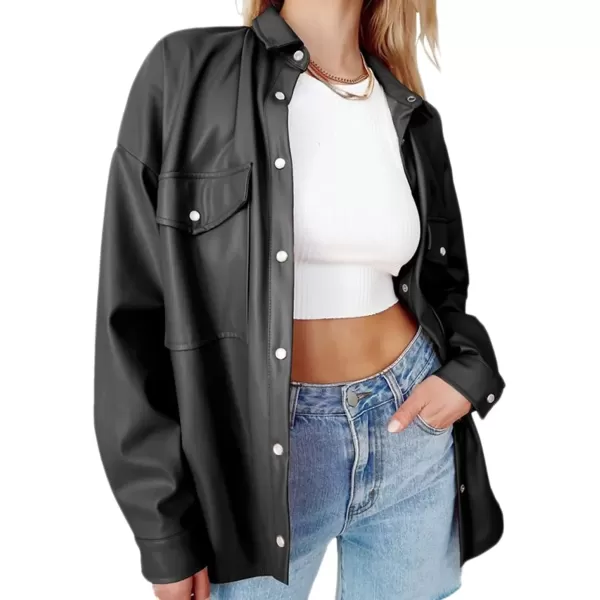 imagechouyatou Womens Fall Button Front Faux Leather Shirt Shacket 2021 Casual Loose Fit Long Sleeve Blouse TopsBlack