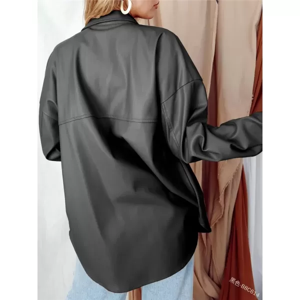 imagechouyatou Womens Fall Button Front Faux Leather Shirt Shacket 2021 Casual Loose Fit Long Sleeve Blouse TopsBlack