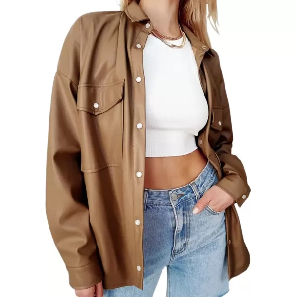 imagechouyatou Womens Fall Button Front Faux Leather Shirt Shacket 2021 Casual Loose Fit Long Sleeve Blouse TopsBrown