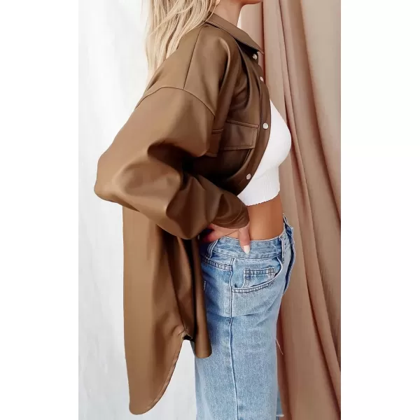 imagechouyatou Womens Fall Button Front Faux Leather Shirt Shacket 2021 Casual Loose Fit Long Sleeve Blouse TopsBrown