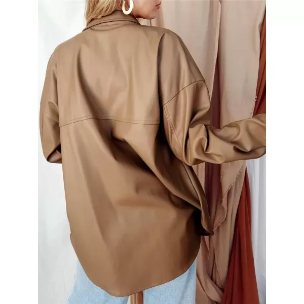 imagechouyatou Womens Fall Button Front Faux Leather Shirt Shacket 2021 Casual Loose Fit Long Sleeve Blouse TopsBrown