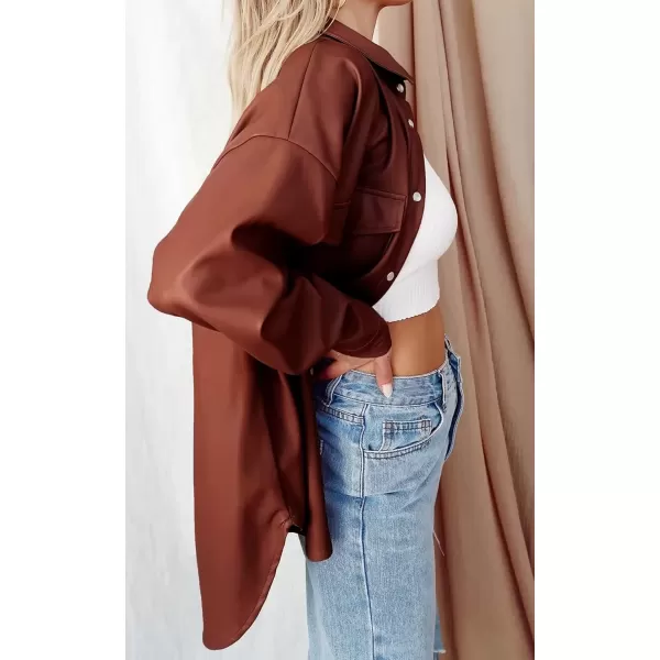 imagechouyatou Womens Fall Button Front Faux Leather Shirt Shacket 2021 Casual Loose Fit Long Sleeve Blouse TopsRusty