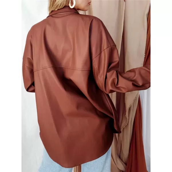 imagechouyatou Womens Fall Button Front Faux Leather Shirt Shacket 2021 Casual Loose Fit Long Sleeve Blouse TopsRusty