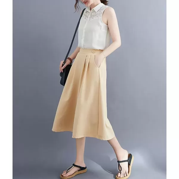 imagechouyatou Womens High Elastic Waisted Wide Leg Capris Business Casual Cropped Culotte Pants with PocketsApricot