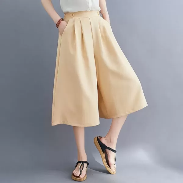 imagechouyatou Womens High Elastic Waisted Wide Leg Capris Business Casual Cropped Culotte Pants with PocketsApricot