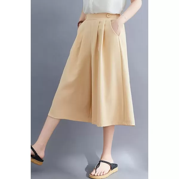 imagechouyatou Womens High Elastic Waisted Wide Leg Capris Business Casual Cropped Culotte Pants with PocketsApricot