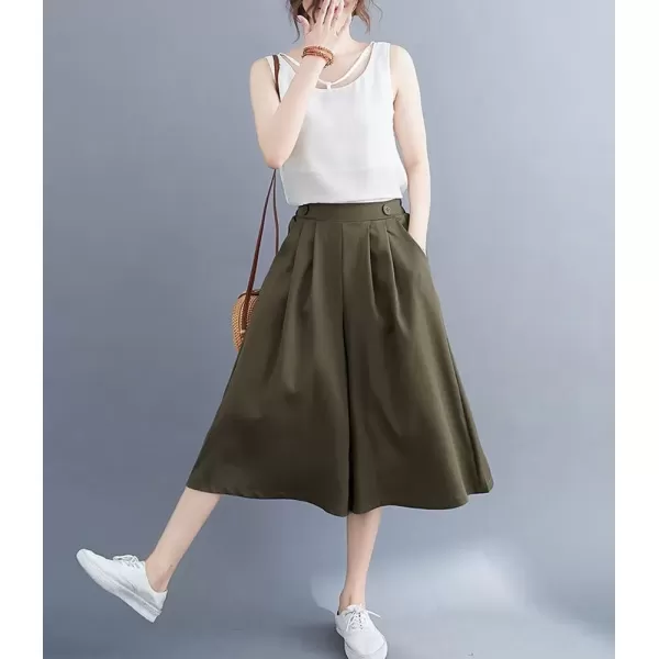 imagechouyatou Womens High Elastic Waisted Wide Leg Capris Business Casual Cropped Culotte Pants with PocketsArmy Green