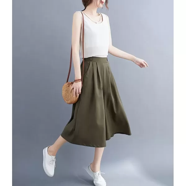 imagechouyatou Womens High Elastic Waisted Wide Leg Capris Business Casual Cropped Culotte Pants with PocketsArmy Green