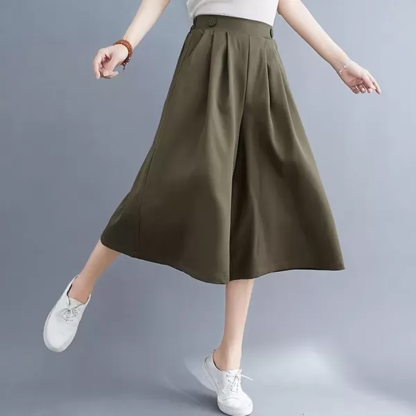imagechouyatou Womens High Elastic Waisted Wide Leg Capris Business Casual Cropped Culotte Pants with PocketsArmy Green
