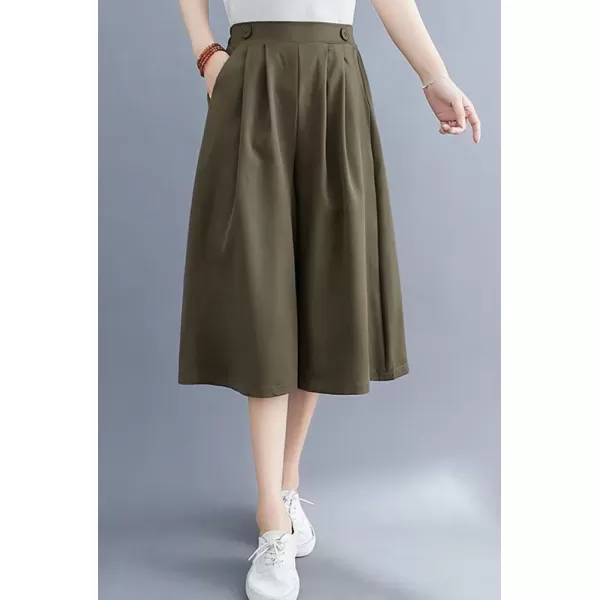 imagechouyatou Womens High Elastic Waisted Wide Leg Capris Business Casual Cropped Culotte Pants with PocketsArmy Green