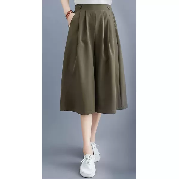 imagechouyatou Womens High Elastic Waisted Wide Leg Capris Business Casual Cropped Culotte Pants with PocketsArmy Green
