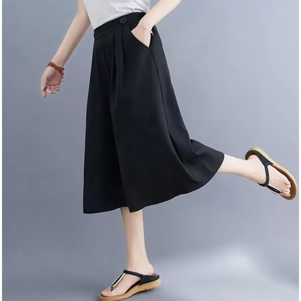 imagechouyatou Womens High Elastic Waisted Wide Leg Capris Business Casual Cropped Culotte Pants with PocketsBlack