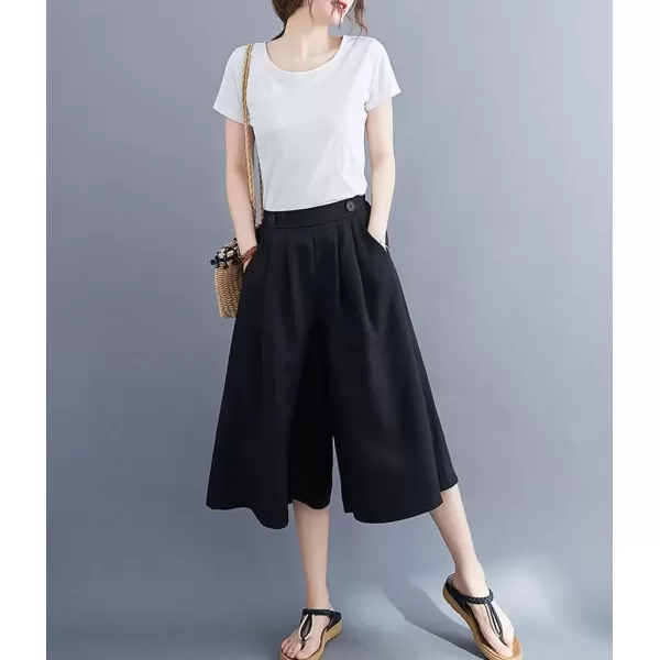 imagechouyatou Womens High Elastic Waisted Wide Leg Capris Business Casual Cropped Culotte Pants with PocketsBlack
