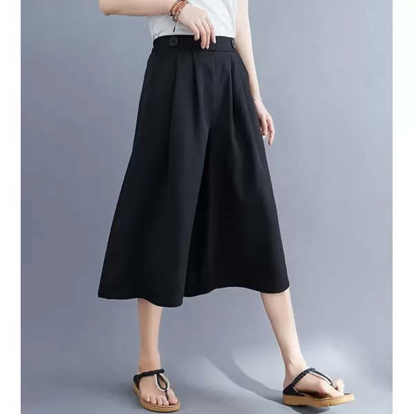 imagechouyatou Womens High Elastic Waisted Wide Leg Capris Business Casual Cropped Culotte Pants with PocketsBlack