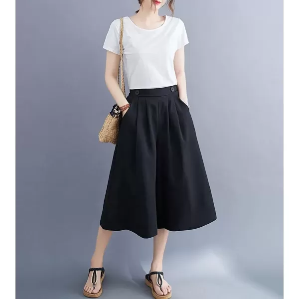 imagechouyatou Womens High Elastic Waisted Wide Leg Capris Business Casual Cropped Culotte Pants with PocketsBlack