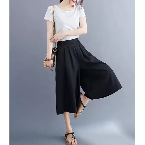 imagechouyatou Womens High Elastic Waisted Wide Leg Capris Business Casual Cropped Culotte Pants with PocketsBlack