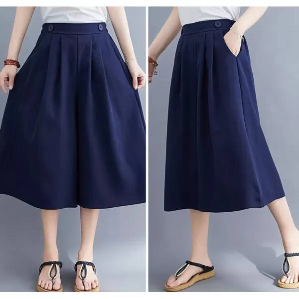 imagechouyatou Womens High Elastic Waisted Wide Leg Capris Business Casual Cropped Culotte Pants with PocketsNavy