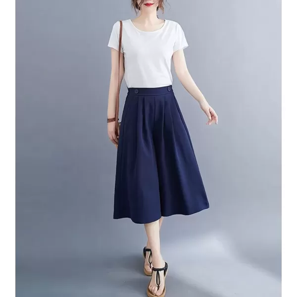 imagechouyatou Womens High Elastic Waisted Wide Leg Capris Business Casual Cropped Culotte Pants with PocketsNavy