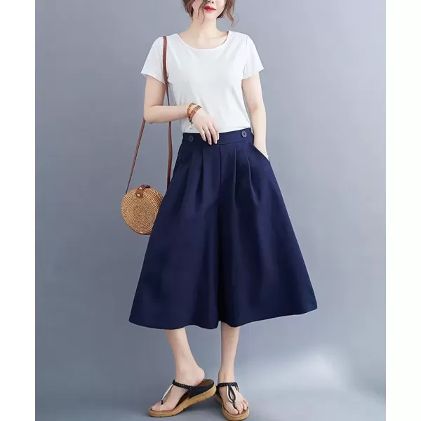imagechouyatou Womens High Elastic Waisted Wide Leg Capris Business Casual Cropped Culotte Pants with PocketsNavy