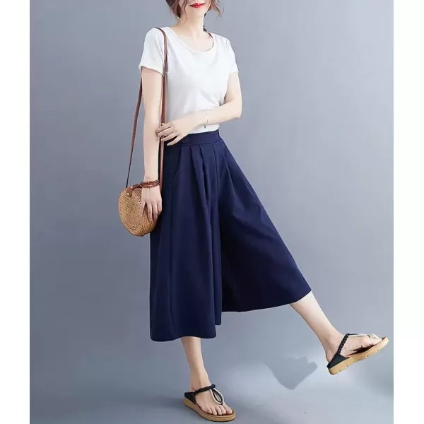 imagechouyatou Womens High Elastic Waisted Wide Leg Capris Business Casual Cropped Culotte Pants with PocketsNavy