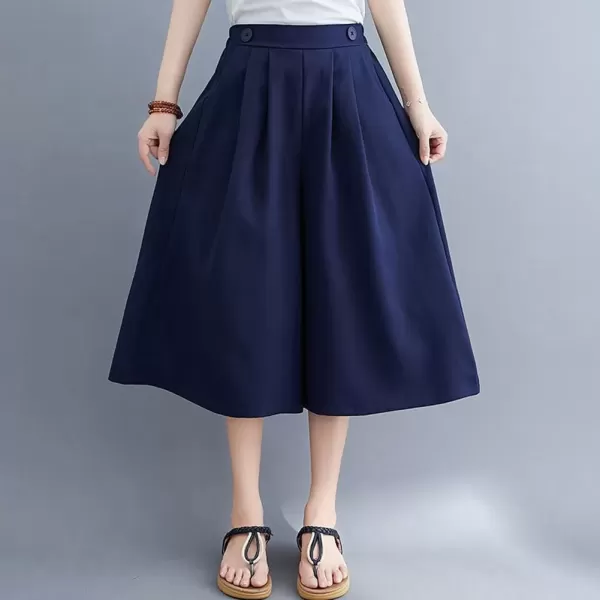 imagechouyatou Womens High Elastic Waisted Wide Leg Capris Business Casual Cropped Culotte Pants with PocketsNavy