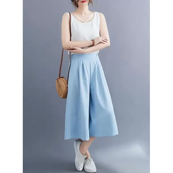 imagechouyatou Womens High Elastic Waisted Wide Leg Capris Business Casual Cropped Culotte Pants with PocketsSky Blue