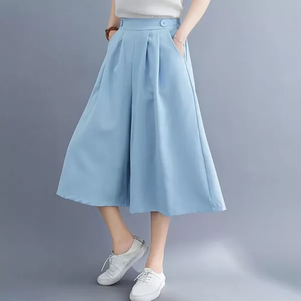 imagechouyatou Womens High Elastic Waisted Wide Leg Capris Business Casual Cropped Culotte Pants with PocketsSky Blue